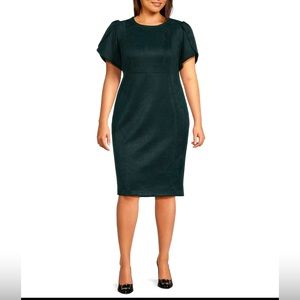 NWT Calvin Klein Scuba Suede Petal Short Sleeve Crew Neck Sheath Dress Green 18W